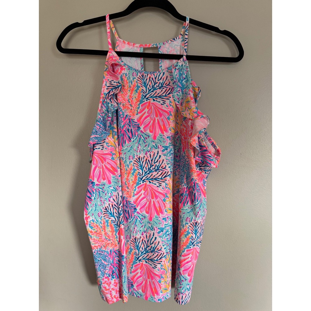 Lilly Pulitzer XL Billie Multi Splashdance Tank Top Ruffle Sleeveless Pink Coral